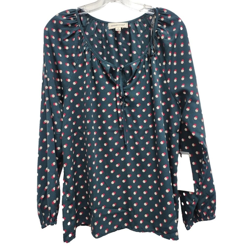 Coverstitched Womens BOHO Blouse Top Large Teal Pink Polka Dot Long Sleeve NWT
